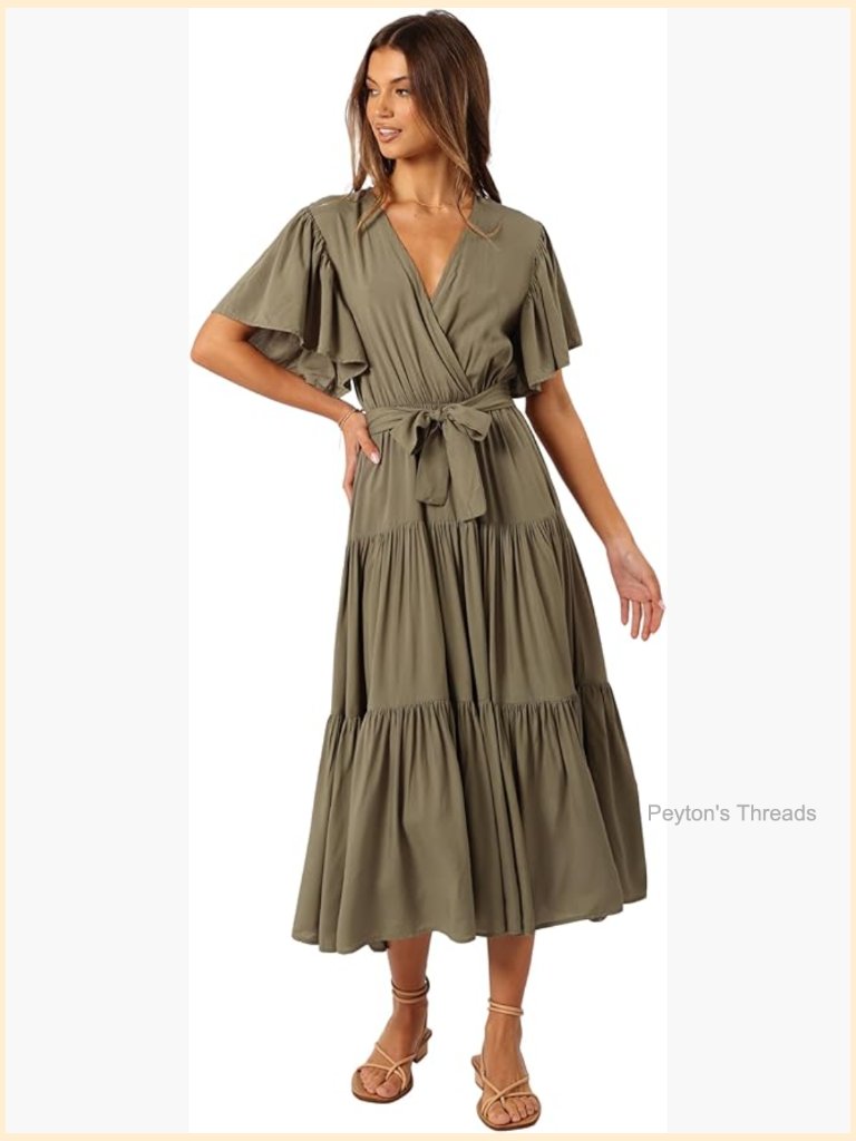 A-Line Midi Dress With V-Neck And Short Ruffle Sleeves, Tiered Hem, Detachable